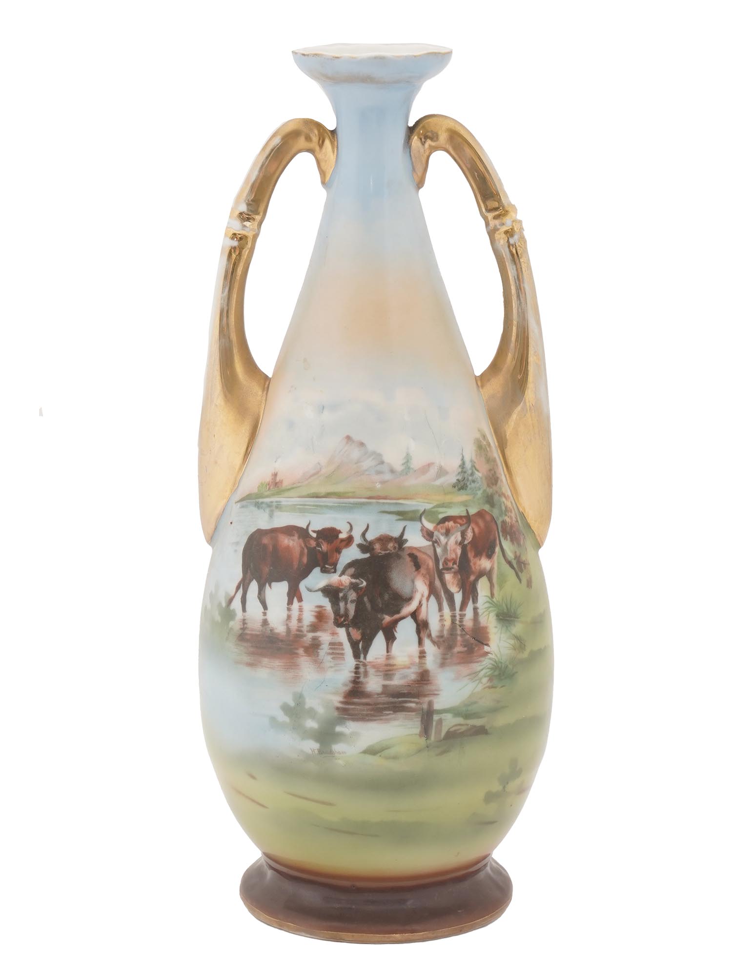 VICTORIA AUSTRIA LARGE PORCELAIN VASE WITH CATTLE PIC-0